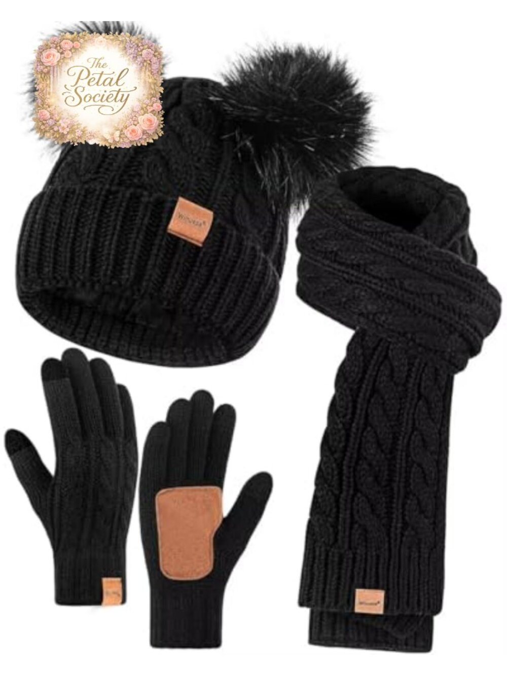 Fleece Lined Beanie Double Pom Pom Touchscreen Gloves Knit Scarf Set